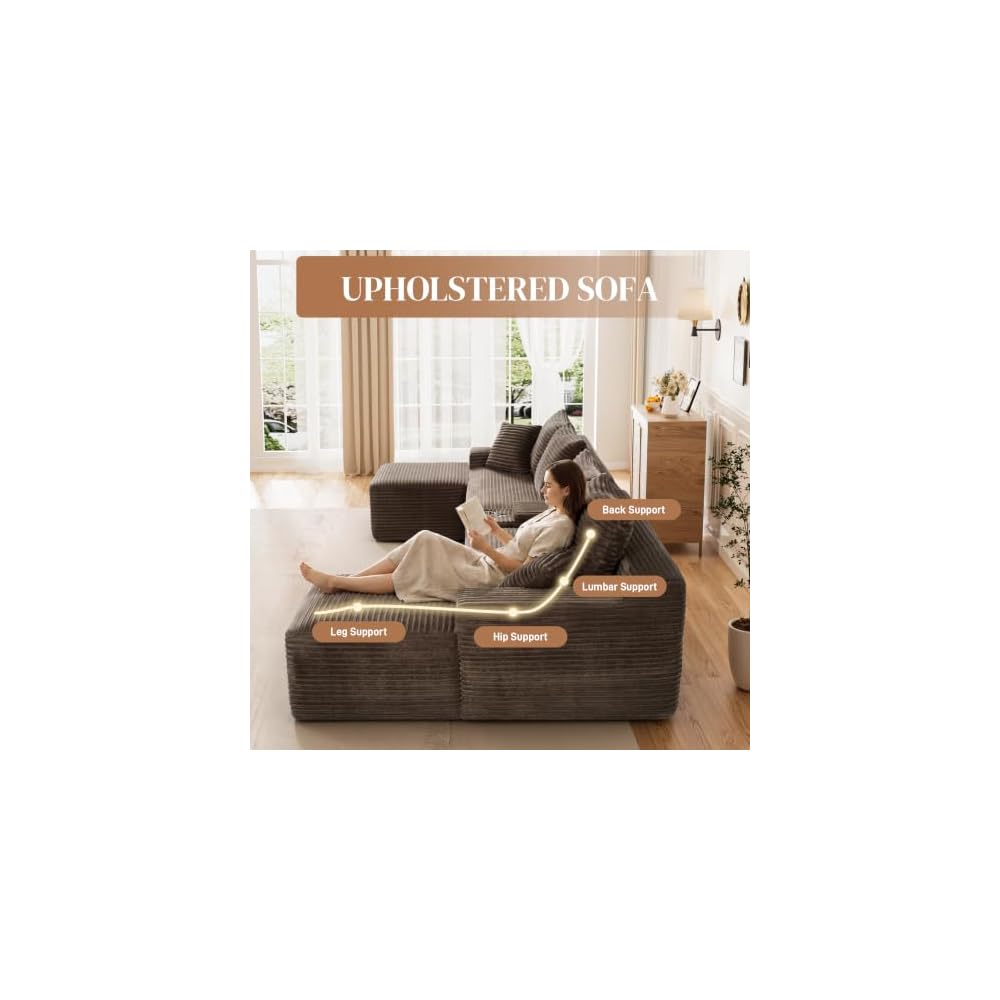 127" U Shaped Cloud Couch Modular Sectional Sofa, Comfy Fluffy Corduroy Brown Boneless Sectional Couches for Living Room, Modern Cloud Sofas with Cup Holders & USB Port, Brown