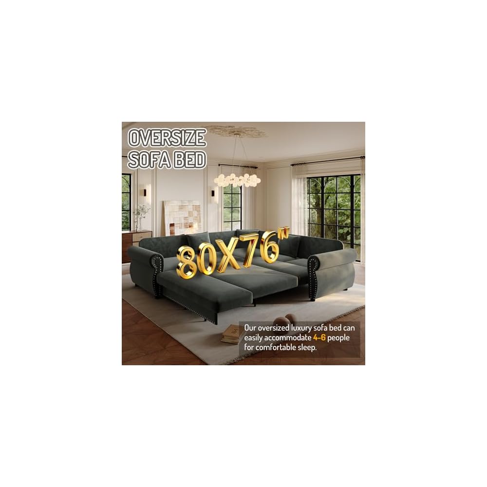 88.2'' Sleeper Sofa Bed, L Shaped Sectional Sofa with Pull Out Bed, Chenille Convertible Sectional Couches for Living Room, Oversized 5 Seater Couch with Nailhead Trim & Rolled Arm, Green