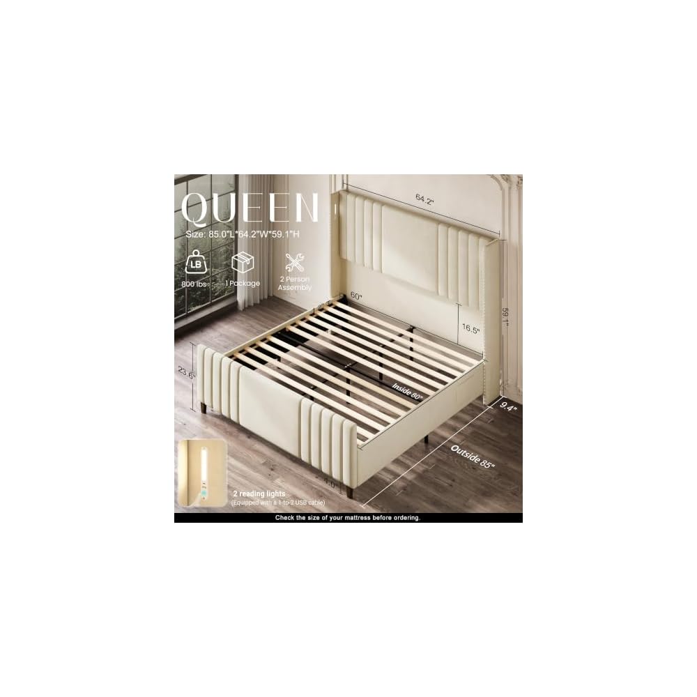 Belffin 59" Tall Queen Size Platform Bed Frame with 2 Touch Lights, Beige