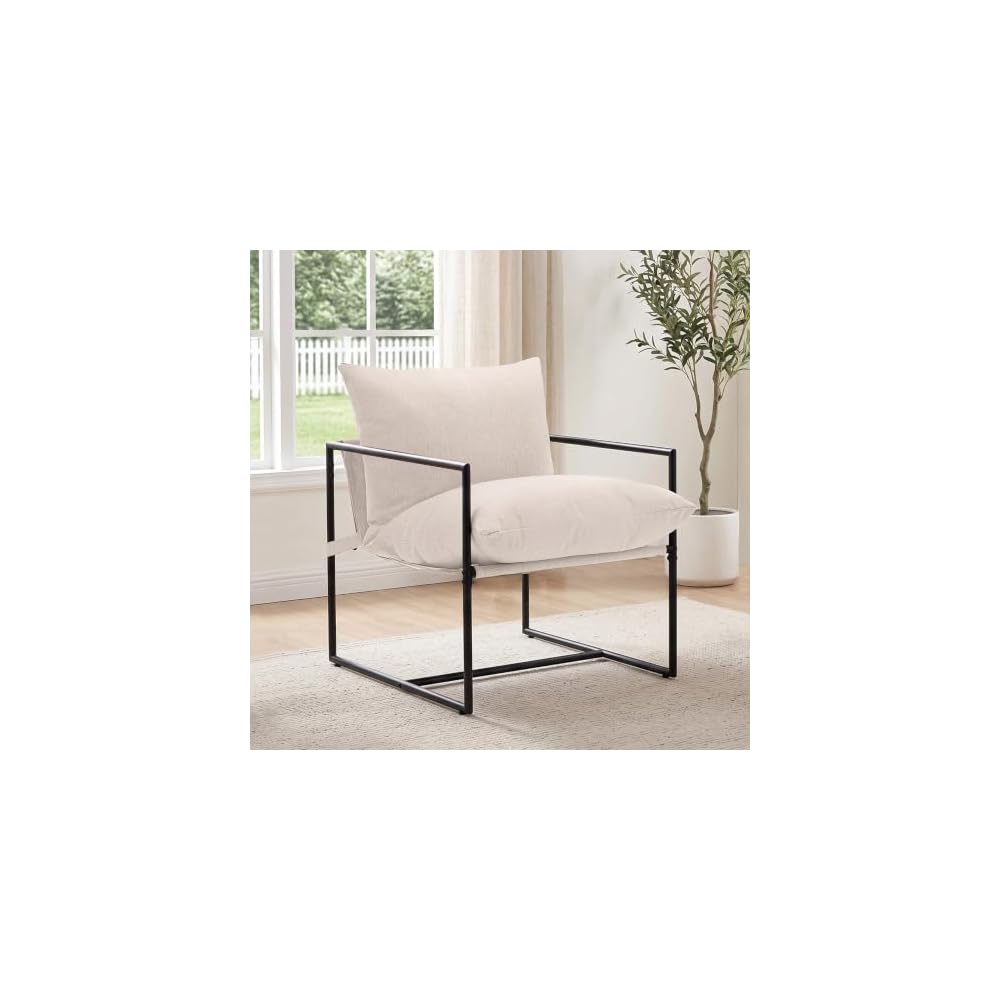 Modern Accent Chair, Upholstered Reading Sling Chair with Metal Frame and Soft Cushion,Stylish Lounge Armchair for Living Room, Bedroom or Office Seating, Oatmeal