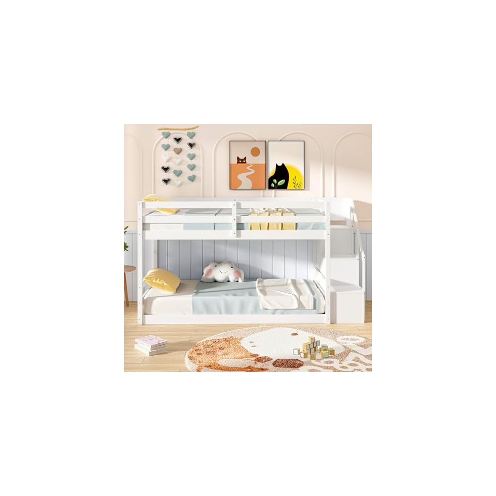 GIANTEX Twin Over Twin Bunk Bed with Stairs, Solid Wood Floor Bunk Bed with Storage Staircase & Full-Length Guardrails, Low Bunk Bed with for Kids, Teens, Adults, Dorm, Small Space, White