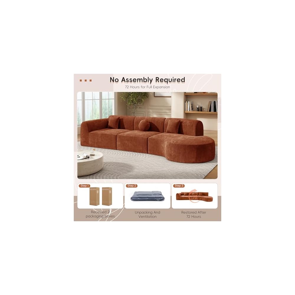 Merax 140" Curved Polyester Sectional Sofa Set, 7 Seat Modern Cloud Couch with Chaise Lounge,3 Pillows, Fully Assembled for Living Room, Orange