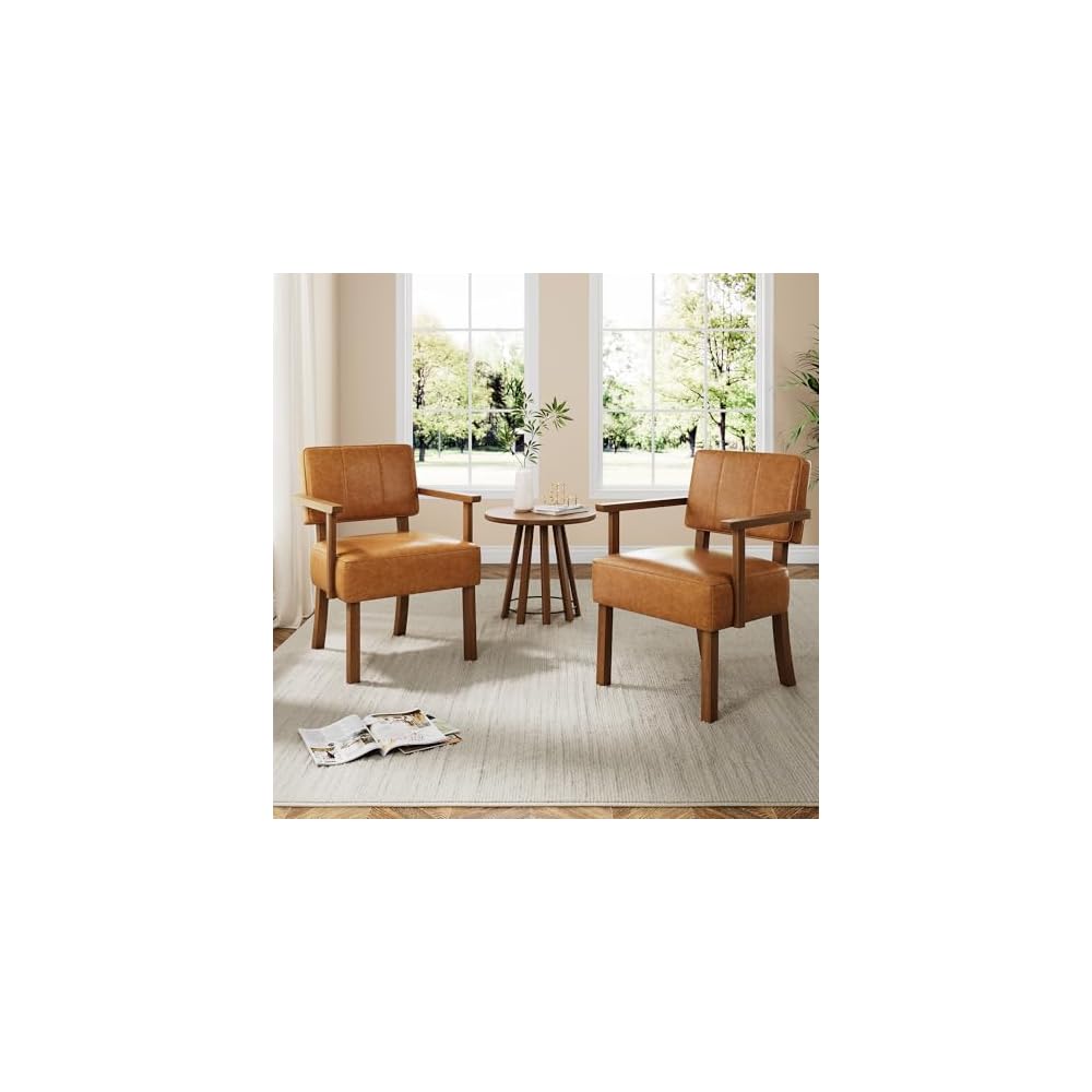 GarveeHome Lounge Chair Made of PU Leather, Upholstered Chair with Backrests and Armrests, Chair with Wooden Legs, for Living Room, 55 x 61 x 85 cm