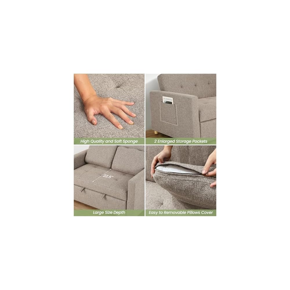 SEJOV Loveseat Sleeper, 3-in-1 Convertible Sofa Bed Pull Out, Brown Gray