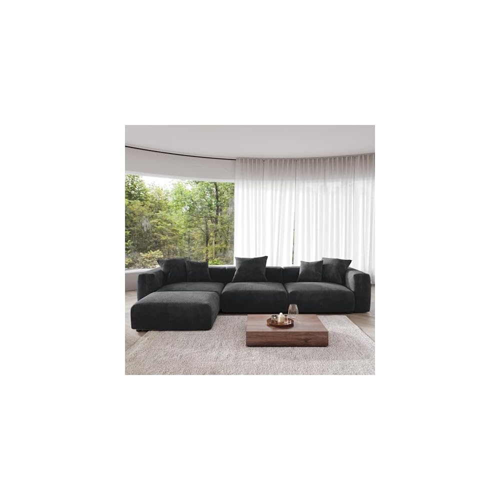 JACH Modern Corduroy Sectional Couch, Modular Sectional Sofa with Chaise Ottoman, Cushion Covers Removable, Oversized Deep Seat Soft Couches for Living Room, Office (Black)