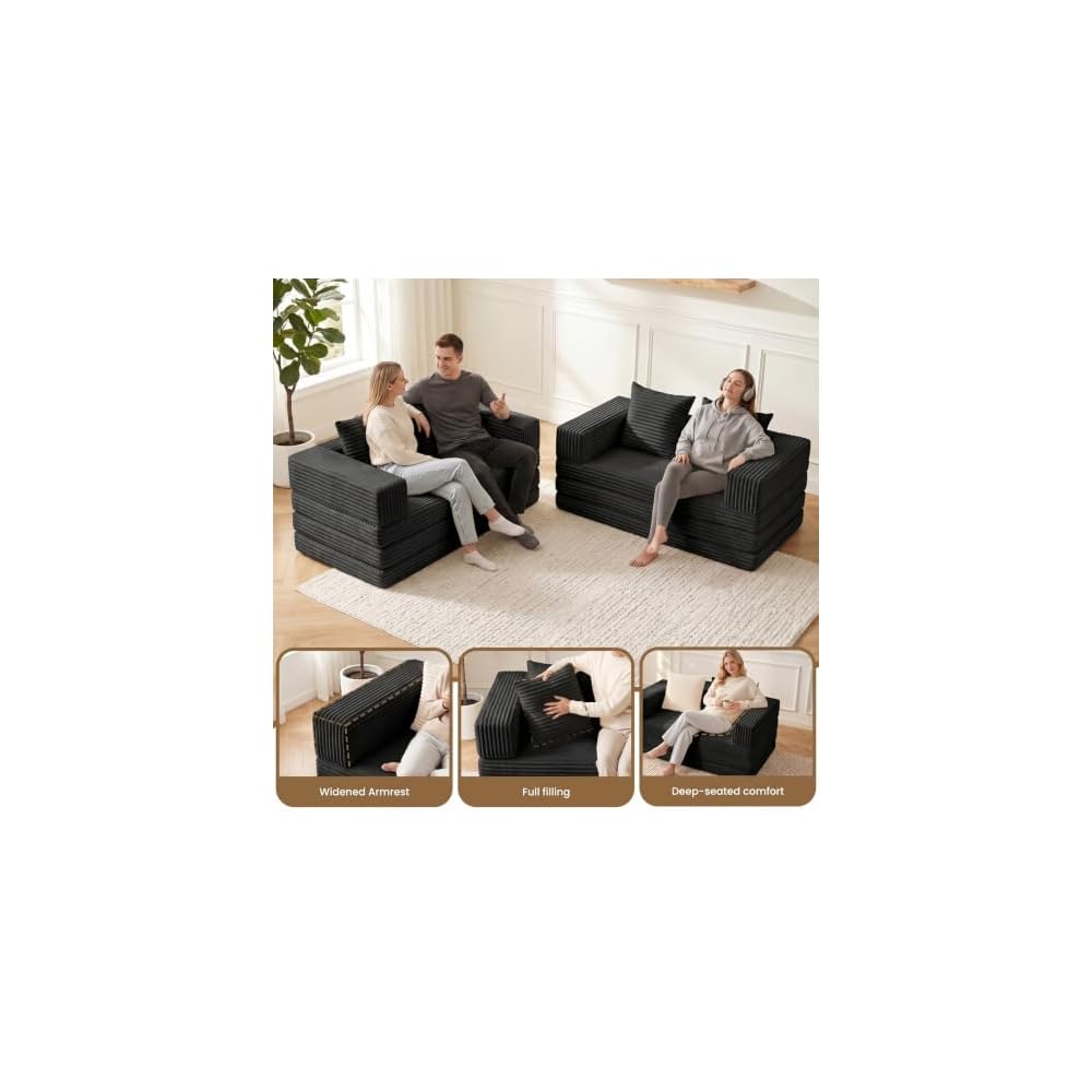 Boneless Loveseat Sofa Bed,Small Couch Bed Futon Sleeper Sofa,Convertible Pull Out Couch with Removable Armrests Backrest,Corduroy Folding Floor Boneless Couch for Living Room,Small Space,Black