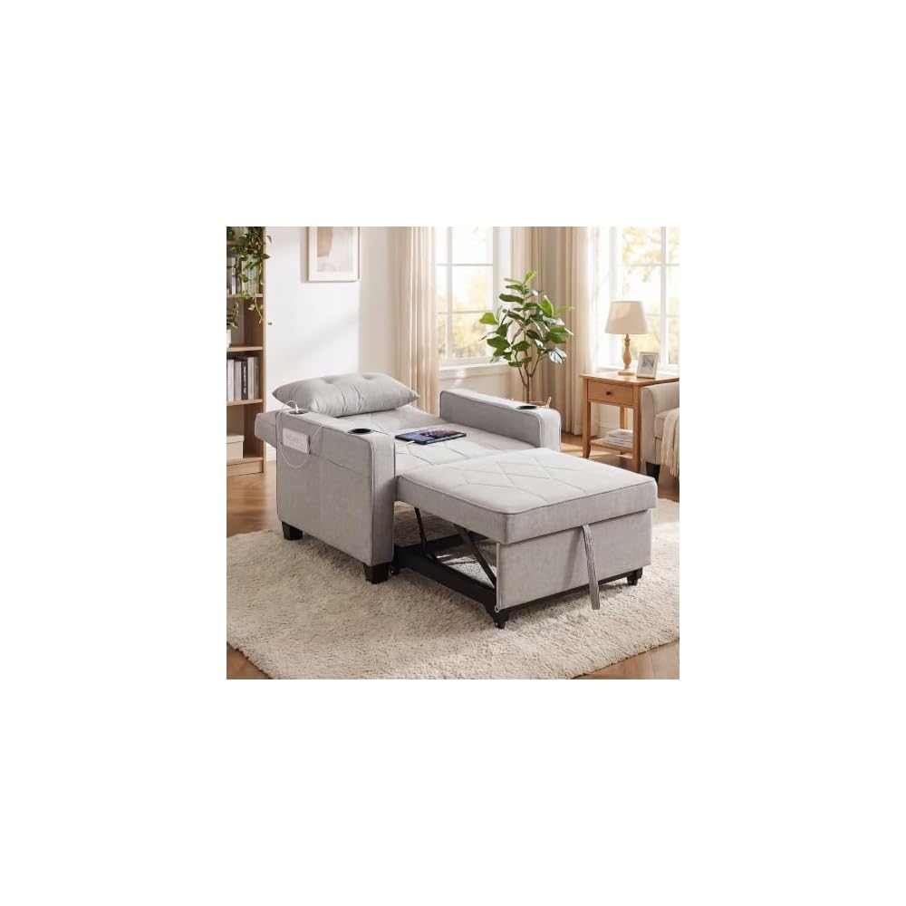 Sleeper Chair for Adults, Convertible Pull Out Sofa Bed with Charging, Grey