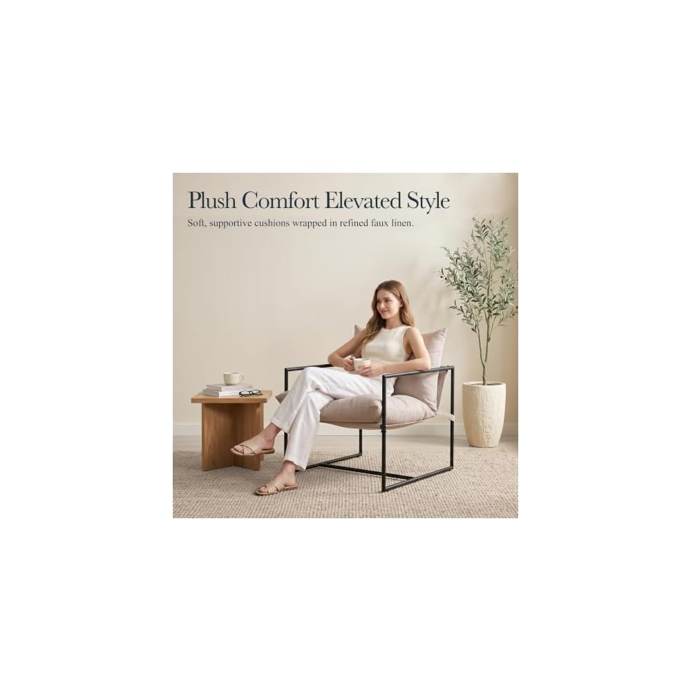 Modern Accent Chair, Upholstered Reading Sling Chair with Metal Frame and Soft Cushion,Stylish Lounge Armchair for Living Room, Bedroom or Office Seating, Oatmeal