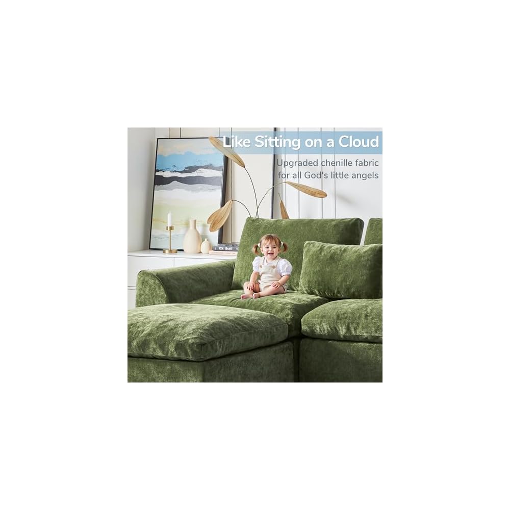 Modern Sectional Cloud Couch - 120'' Soft Modular Sectional Sofa – No Assembly Required - Deep Seat Couches with 2 Movable Ottomans - Oversized Chenille Sofa for Living Room - Green