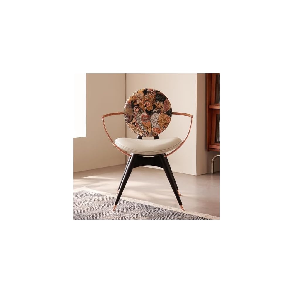 Mid Century Modern Accent Dining Chair with Upholstered Embroidered Backrest, Solid Wood Armchair with Leather Seat Cushion for Living Room, Bedroom & Vanity