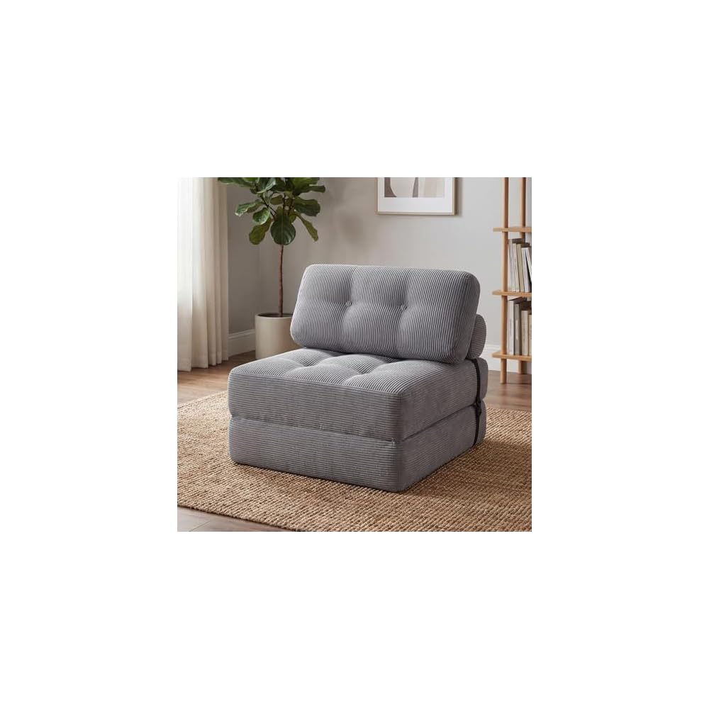 GIANTEX Folding Sofa Bed, Convertible Sleeper Chair with Pillow, Tufted Fold Out Chair Bed w/Back Support, Corduroy Cover, Fixing Straps, Comfy Floor Sofa for Living Room, Bedroom, Guest Room (Grey)