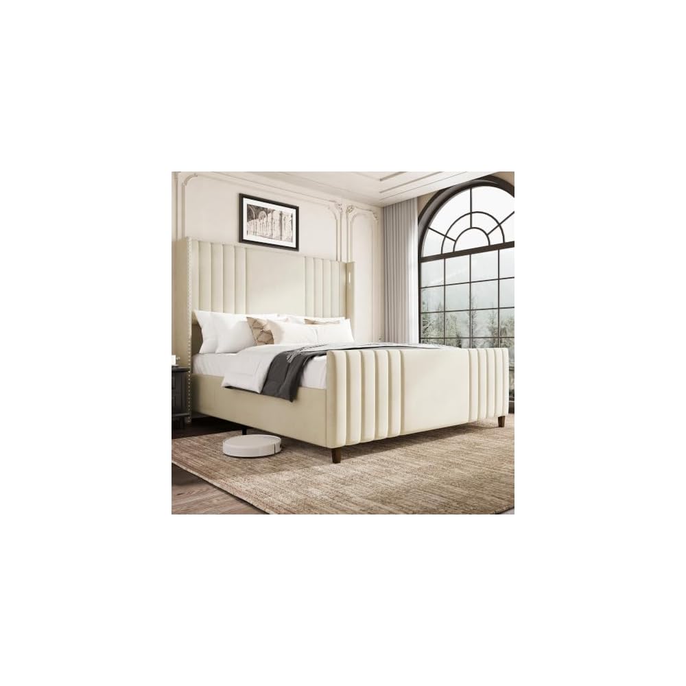 Belffin 59" Tall Queen Size Platform Bed Frame with 2 Touch Lights, Beige