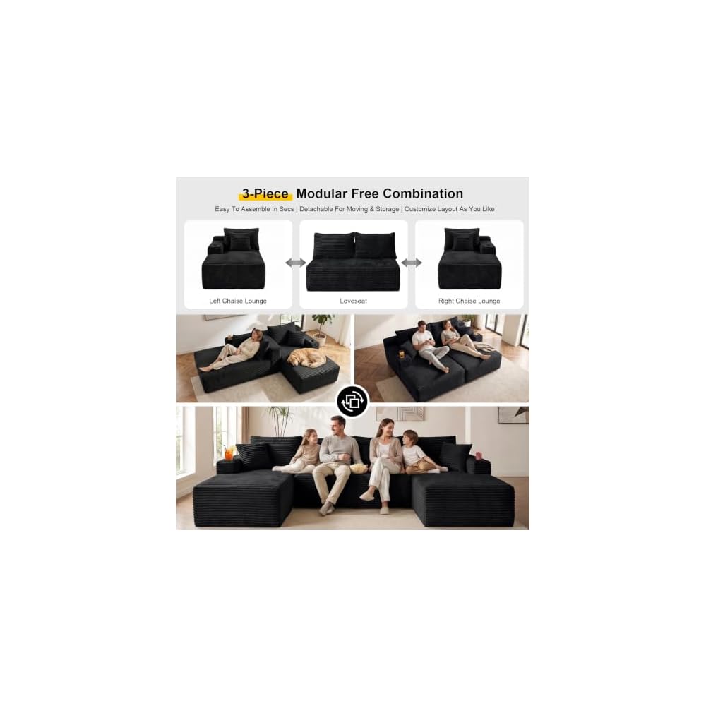 Rossetta 134" U Shaped Sectional Sofa, Boneless Sofa Corduroy Modular Couch