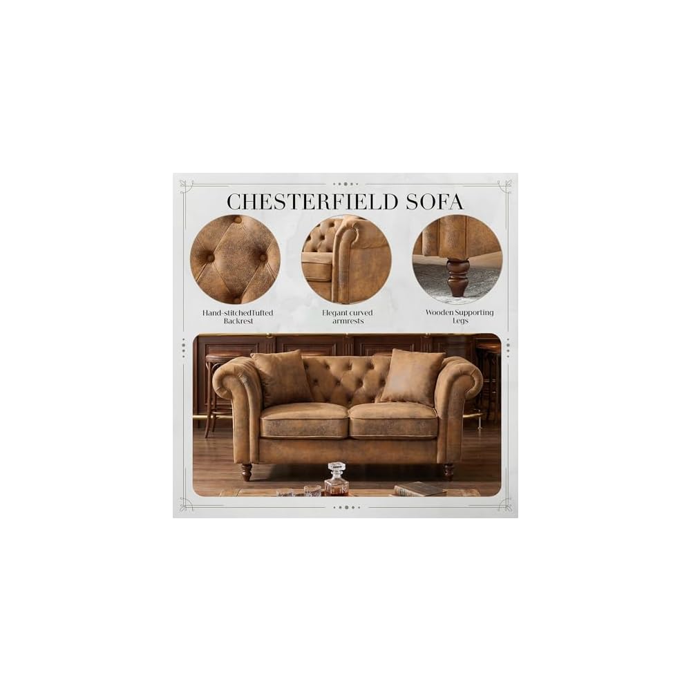 Chesterfield Sofa, 66" Chesterfield Faux Leather Loveseat Sofa with Deep Button Tufting & Rolled Arms, Vintage Mid Century Modern Couch for Living Room Office (Brown)