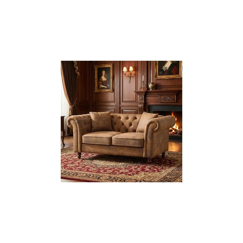 Chesterfield Sofa, 66" Chesterfield Faux Leather Loveseat Sofa with Deep Button Tufting & Rolled Arms, Vintage Mid Century Modern Couch for Living Room Office (Brown)