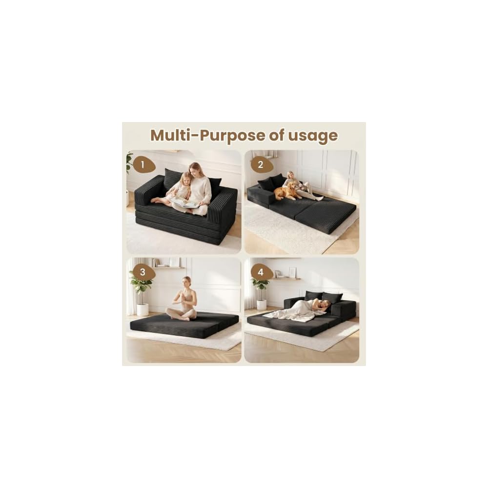 Boneless Loveseat Sofa Bed,Small Couch Bed Futon Sleeper Sofa,Convertible Pull Out Couch with Removable Armrests Backrest,Corduroy Folding Floor Boneless Couch for Living Room,Small Space,Black