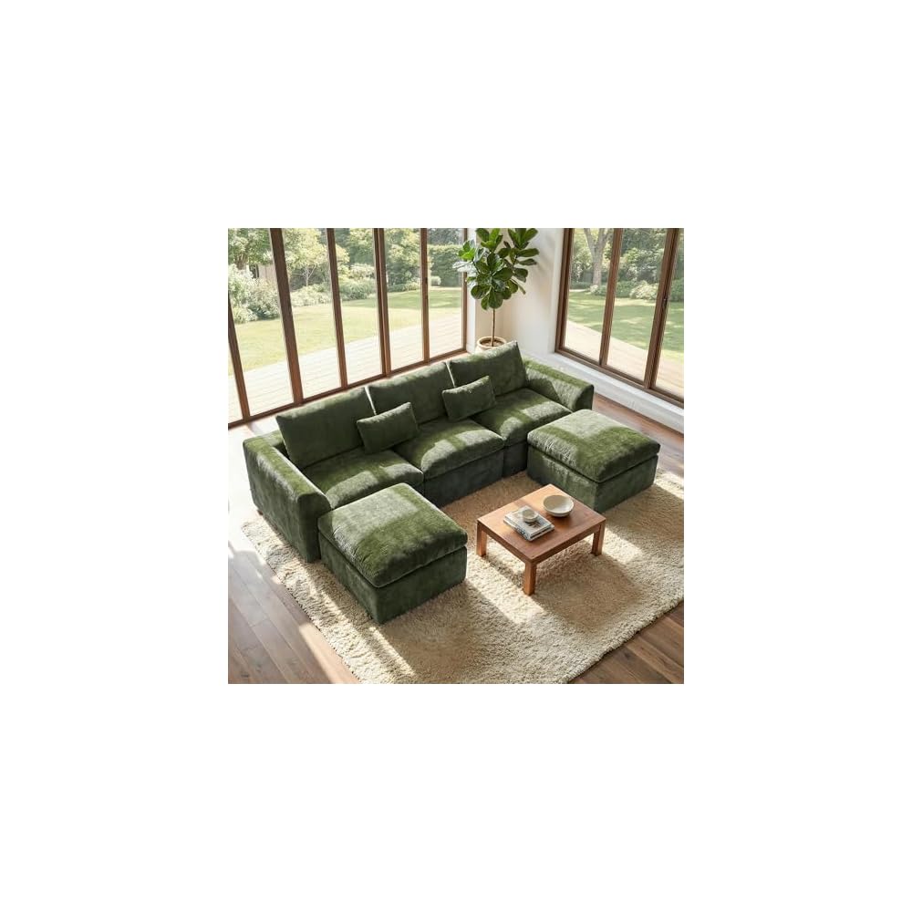 Modern Sectional Cloud Couch - 120'' Soft Modular Sectional Sofa – No Assembly Required - Deep Seat Couches with 2 Movable Ottomans - Oversized Chenille Sofa for Living Room - Green