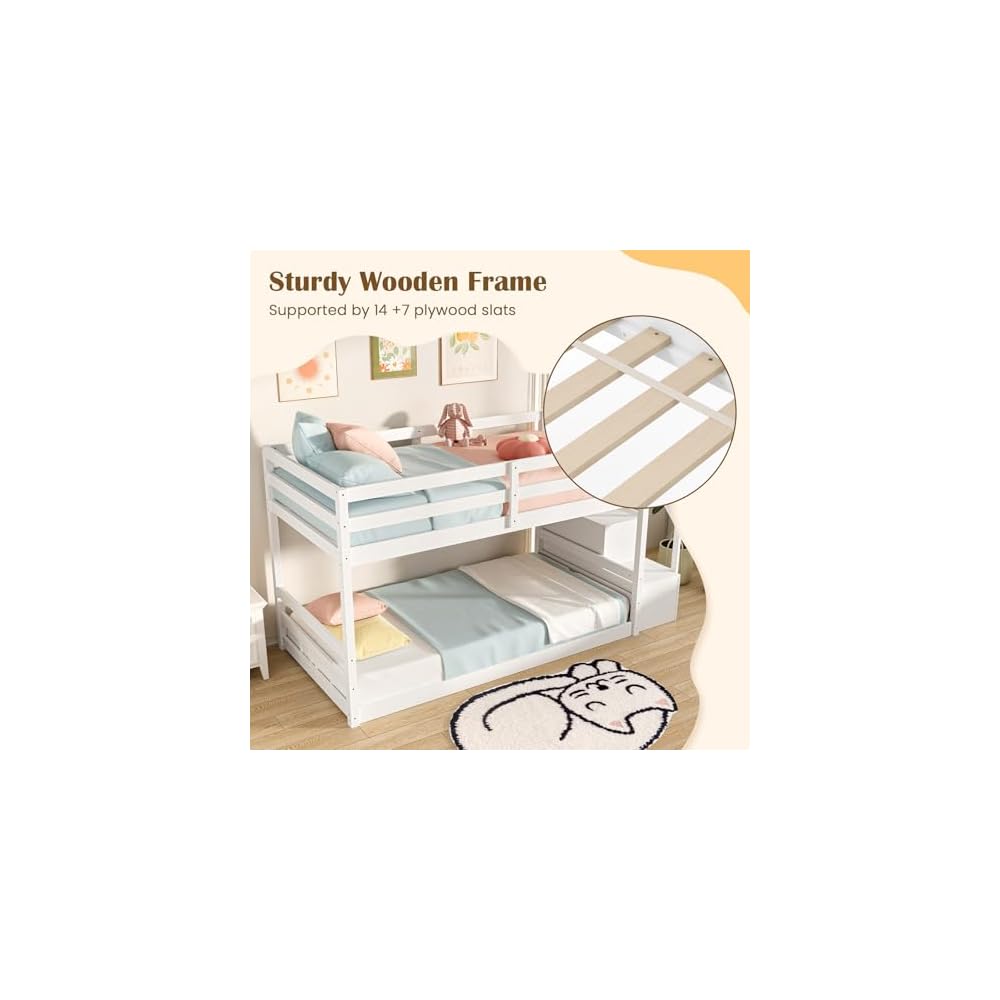 GIANTEX Twin Over Twin Bunk Bed with Stairs, Solid Wood Floor Bunk Bed with Storage Staircase & Full-Length Guardrails, Low Bunk Bed with for Kids, Teens, Adults, Dorm, Small Space, White