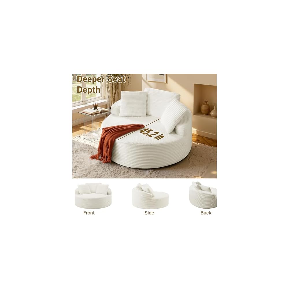 Oversized Round Chaise Lounge Chair,Corduroy Cloud Large Circle Sofa Chair, No Assembly Required, Modern Sleeper Cloud Sofa Couch Bed for Living Room Bedroom Apartment (White)