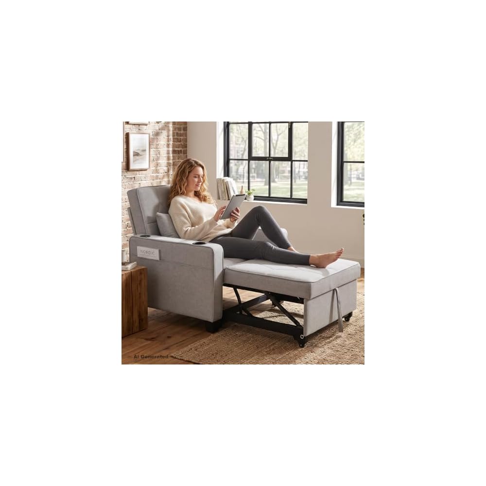 Sleeper Chair for Adults, Convertible Pull Out Sofa Bed with Charging, Grey
