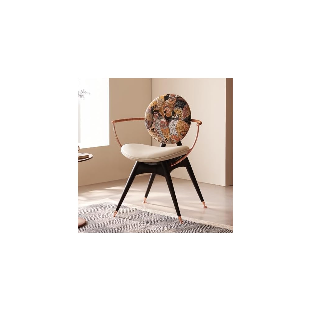 Mid Century Modern Accent Dining Chair with Upholstered Embroidered Backrest, Solid Wood Armchair with Leather Seat Cushion for Living Room, Bedroom & Vanity