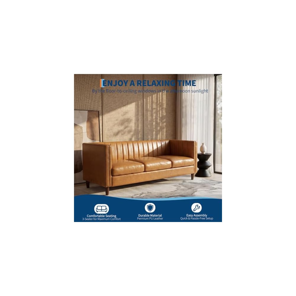 Garvee 81'' Cognac Tan Faux Leather Couch for Living Room