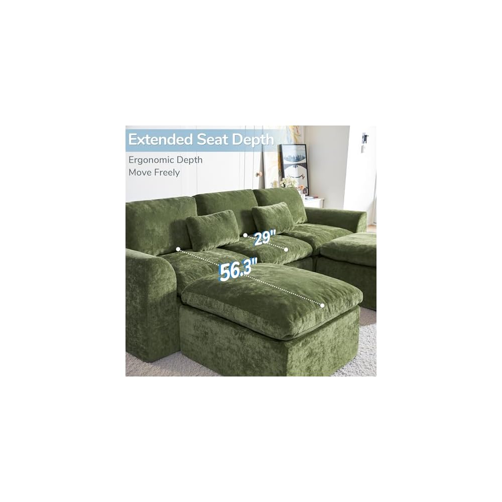 Modern Sectional Cloud Couch - 120'' Soft Modular Sectional Sofa – No Assembly Required - Deep Seat Couches with 2 Movable Ottomans - Oversized Chenille Sofa for Living Room - Green