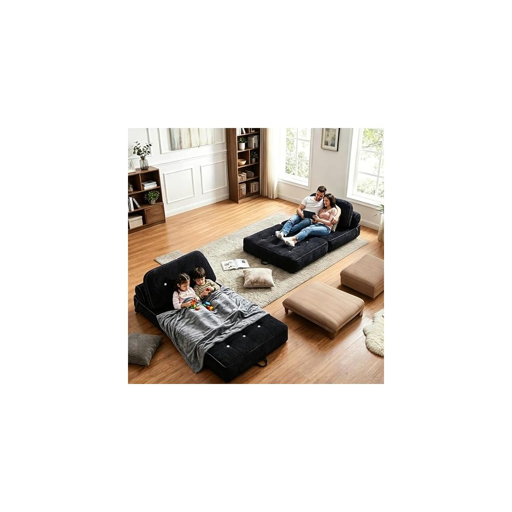 Compressed 2 Seater Sofa Bed,66" Flannel Modular Loveseat with Storage Pocket, 35D High-Resilience Foam, Thick Cushion Floor Couch for Small Spaces, Apartment, Bedroom, Living Room, Black