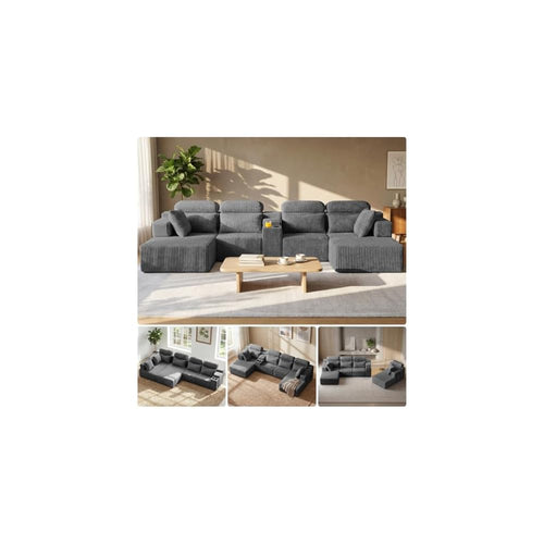 145.7" U Shaped Sectional Cloud Couches for Living Room, Corduroy Memory Foam Modular Boneless Sofa Couch with Storage Console & Cup Holder, Deep Seat, No Assembly, Dark Gray