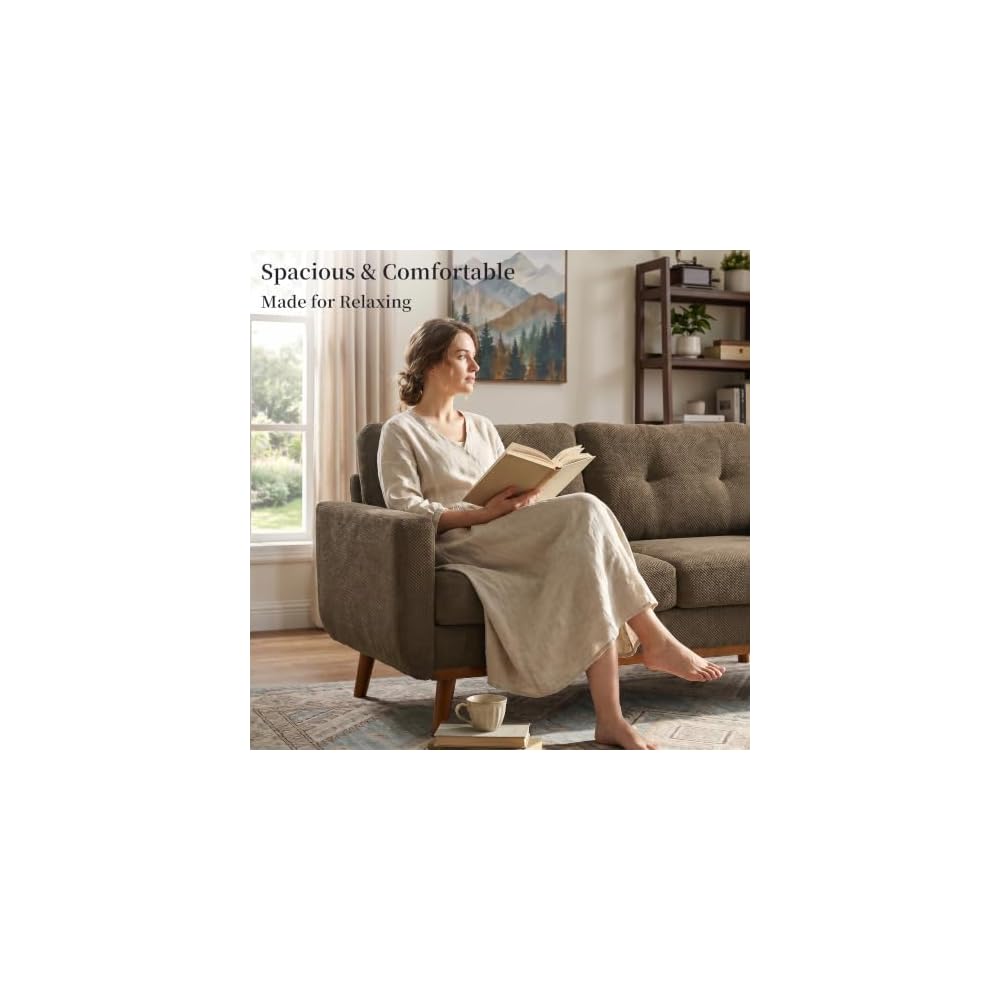 ZEIINPA 65" Mid Century Modern Loveseat Sofa, Knitted Fabric Small Couch with Tufted Backrest, 2 Seater Upholstered Settee with Solid Wood Legs for Living Room, Apartment, Office, Coffee Brown