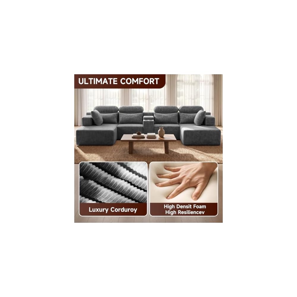 145.7" U Shaped Sectional Cloud Couches for Living Room, Corduroy Memory Foam Modular Boneless Sofa Couch with Storage Console & Cup Holder, Deep Seat, No Assembly, Dark Gray