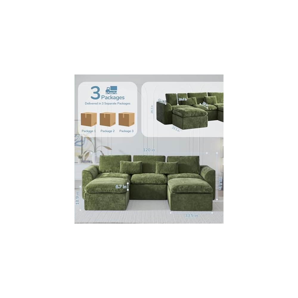 Modern Sectional Cloud Couch - 120'' Soft Modular Sectional Sofa – No Assembly Required - Deep Seat Couches with 2 Movable Ottomans - Oversized Chenille Sofa for Living Room - Green