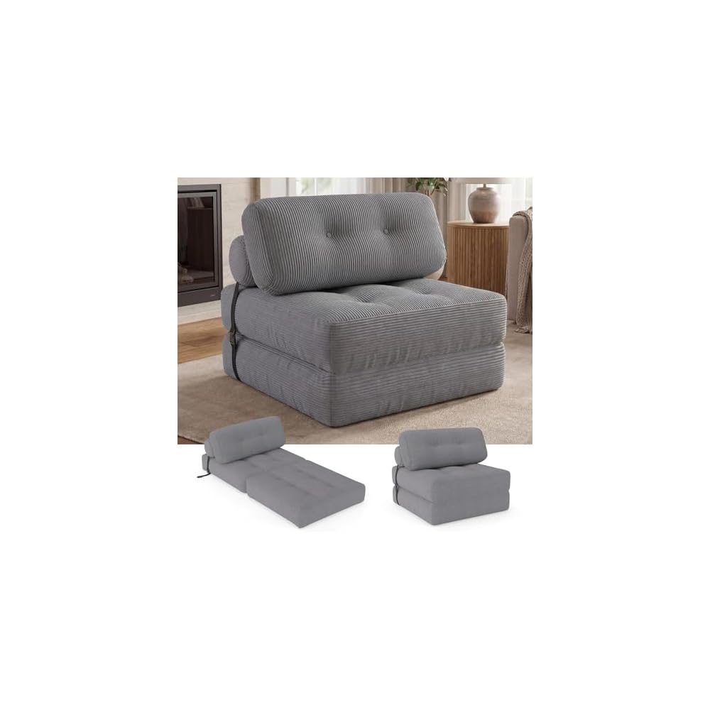 GIANTEX Folding Sofa Bed, Convertible Sleeper Chair with Pillow, Tufted Fold Out Chair Bed w/Back Support, Corduroy Cover, Fixing Straps, Comfy Floor Sofa for Living Room, Bedroom, Guest Room (Grey)