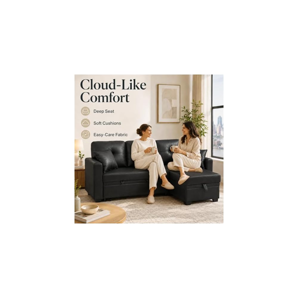 71'' L-Shaped Sectional Pull Out Sofa Bed with Storage Chaise Lounge, 3-Seat Convertible Cloud Deep Seat Sleeper Sofas Couches for Living Room Apartment, Removable Cushions (Black, Faux Leather)