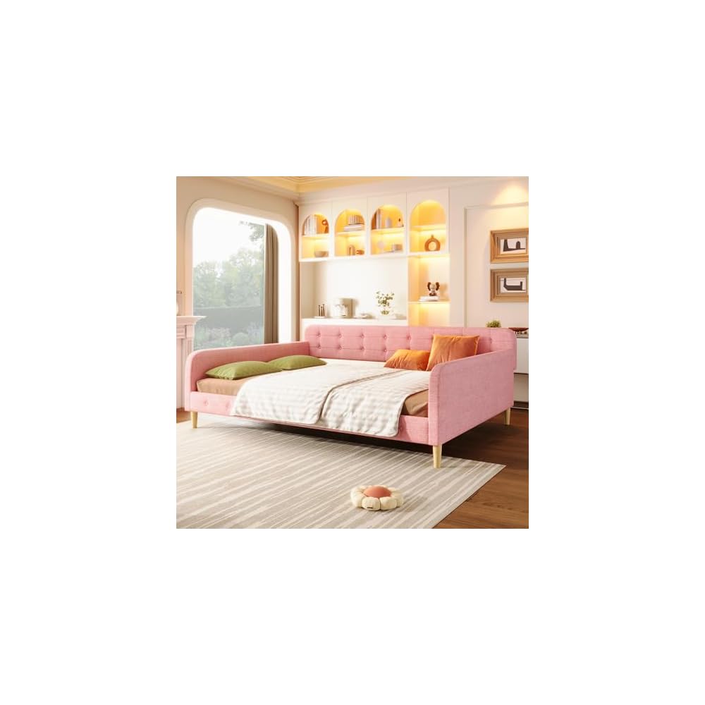 GDFStudio Queen Size Upholstered Daybed with Linen, Solid Pine Wood + MDF Frame, Foam-Filled Backrest, 4 Support Legs, No Box Spring Needed, Sturdy Queen Sofa Bed for Living Room or Guest Room, Pink