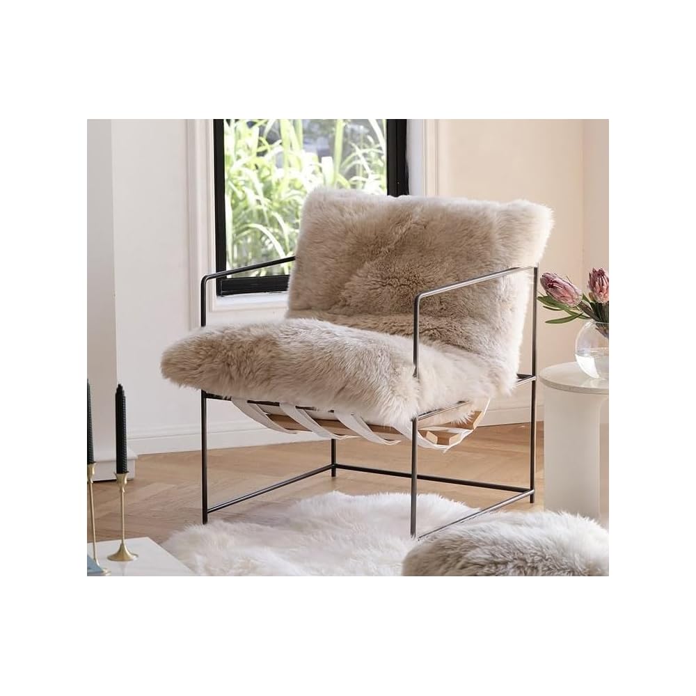 White Lamb Fur Accent Chair with Black Metal Frame and Deep Cushioned Seat