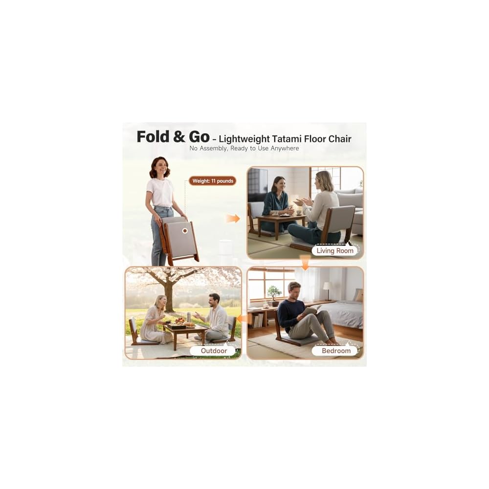 Tiita 2-Pack Foldable Meditation Floor Chairs, Back Support, Walnut Grey