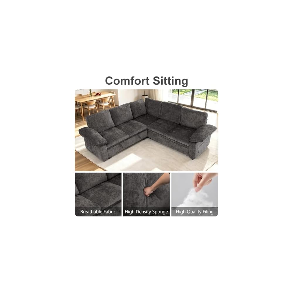 85'' Modular Sectional Sofa with Pull Out Bed, L‑Shaped Sleeper Sofa, Gray