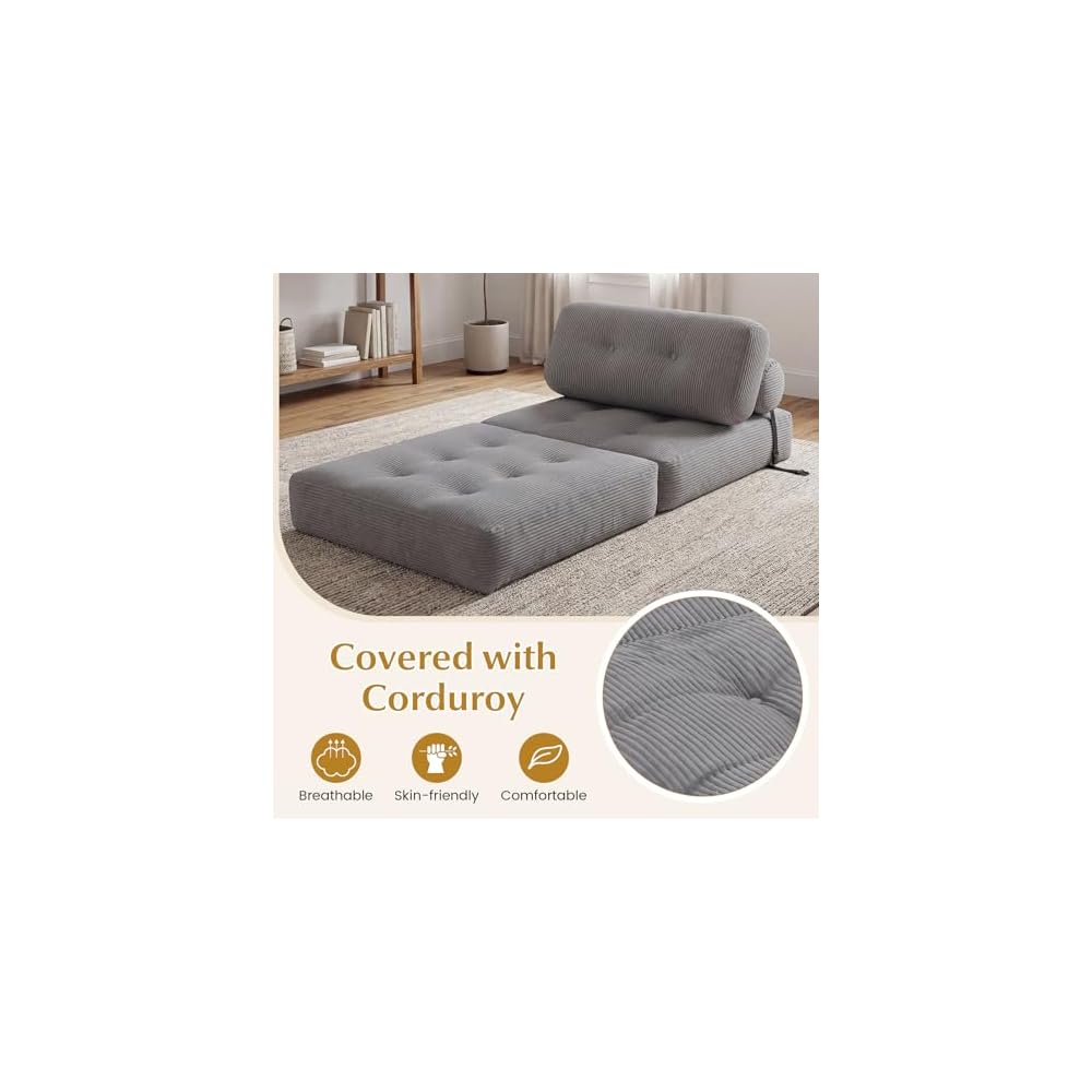 GIANTEX Folding Sofa Bed, Convertible Sleeper Chair with Pillow, Tufted Fold Out Chair Bed w/Back Support, Corduroy Cover, Fixing Straps, Comfy Floor Sofa for Living Room, Bedroom, Guest Room (Grey)