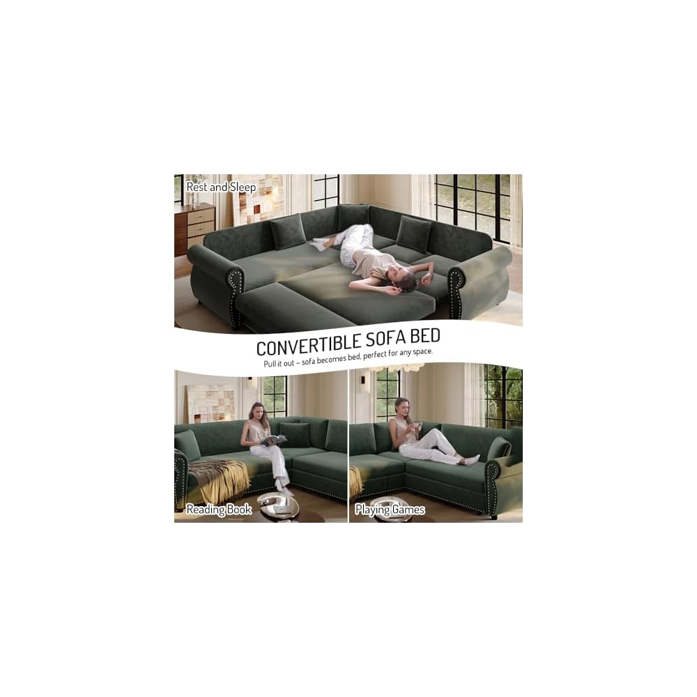 88.2'' Sleeper Sofa Bed, L Shaped Sectional Sofa with Pull Out Bed, Chenille Convertible Sectional Couches for Living Room, Oversized 5 Seater Couch with Nailhead Trim & Rolled Arm, Green