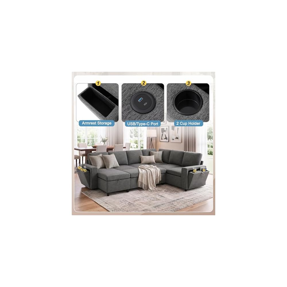 Ball & Cast U Shape Sectional Sofa for Living Room,Chenille Cloud Couch with Dual-Port Charging and Cup Holders,7 Seater Sectional Couches W/Storage,Modular Upholstered Sectional Sofas,Grey,110"