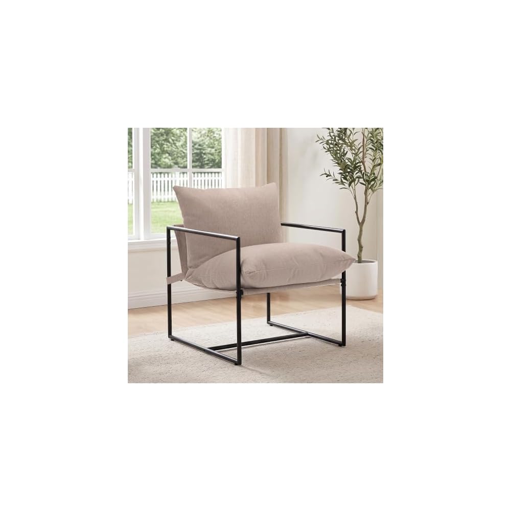 Modern Accent Chair, Upholstered Reading Sling Chair with Metal Frame and Soft Cushion,Stylish Lounge Armchair for Living Room, Bedroom or Office Seating, Oatmeal