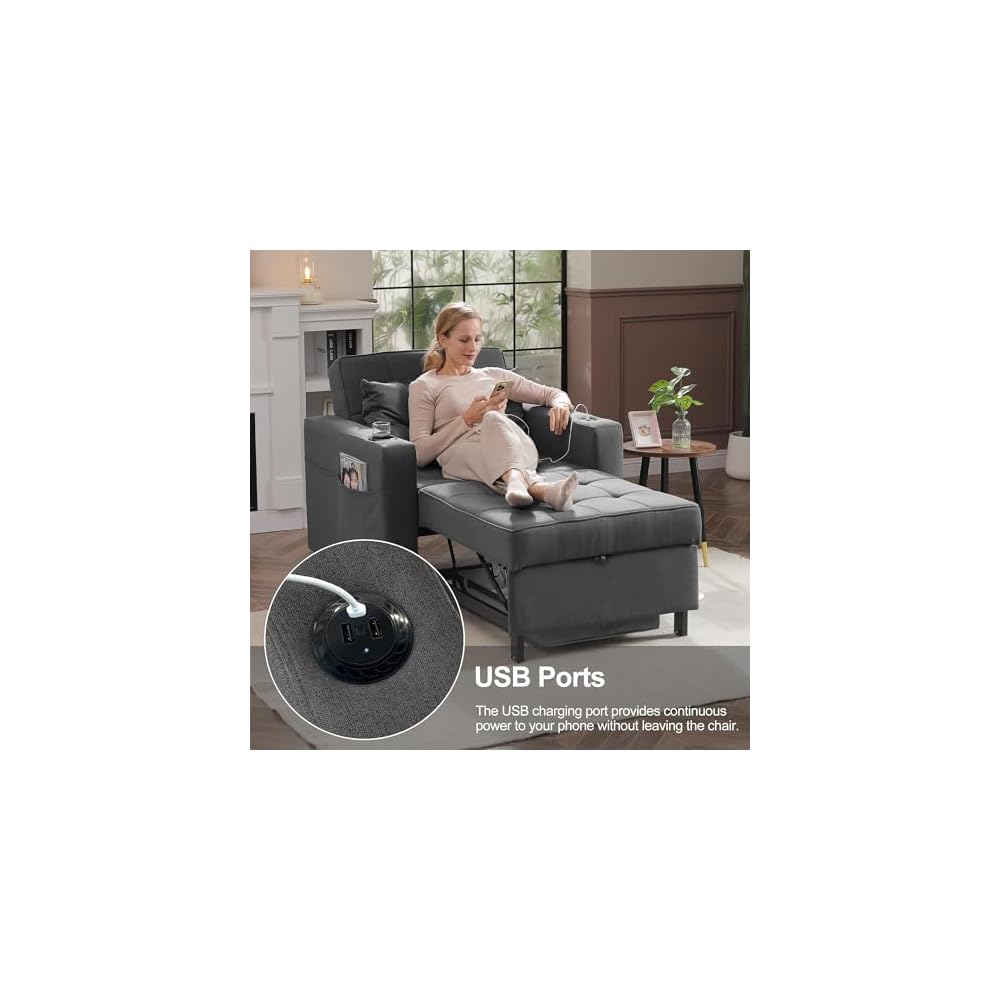 36" 3-in-1 Sleeper Chair, Convertible Pull Out Sofa Bed, Dark Gray Linen