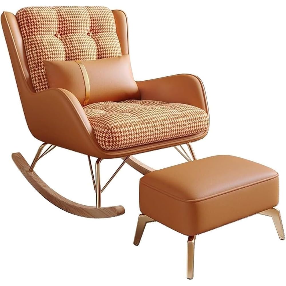 Modern Living Room Reclining Rocking Chair with Foot Stool Comfortable Balcony Chair for Bedroom or Lounge Soft Sleeper Armchair for Reading (Orange B)
