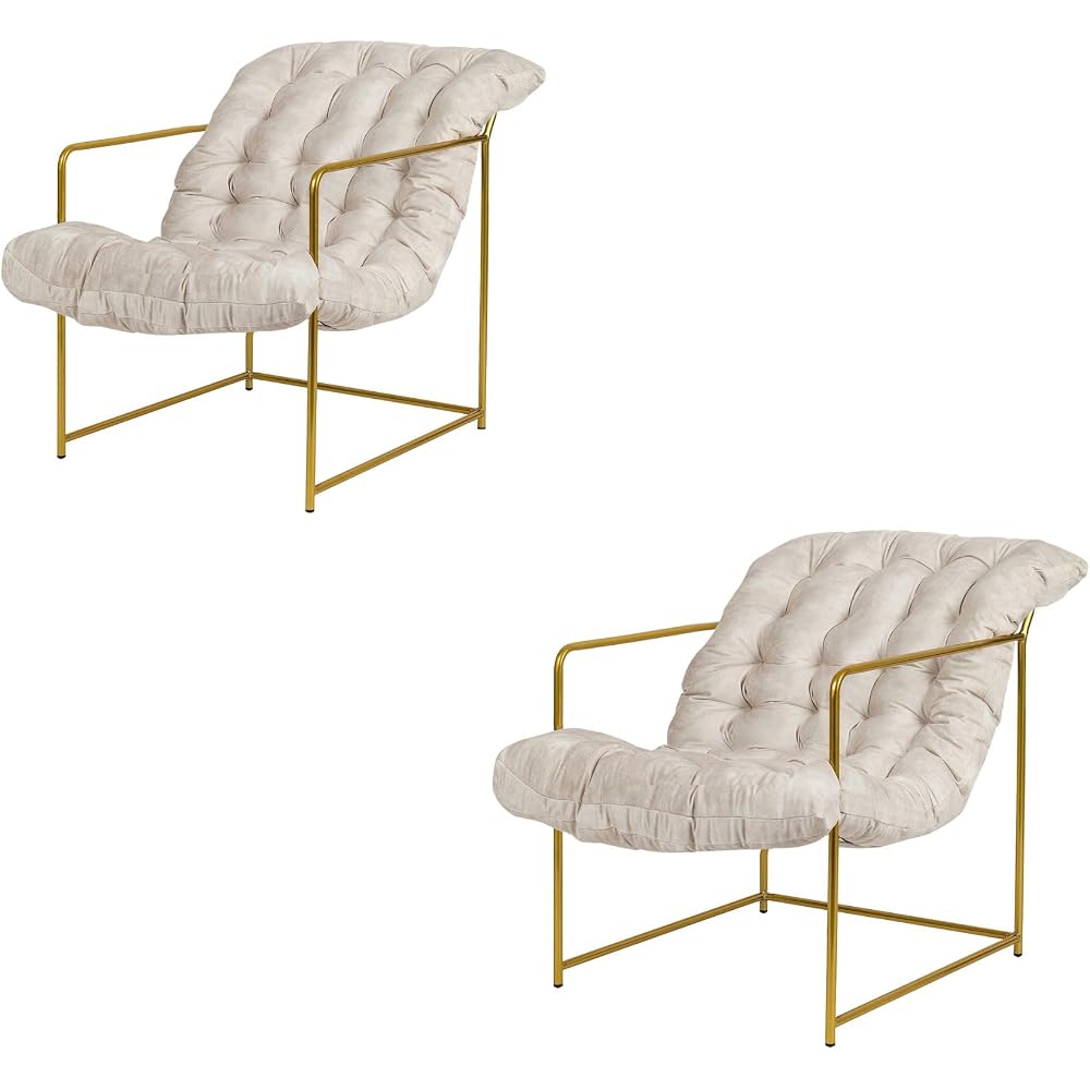GIA Mid Century Modern Sling Accent Chair for Living Room, Bedroom, and Office,Set of 2,Upholstered in Beige Velvet Fabric with Gold Metal Base