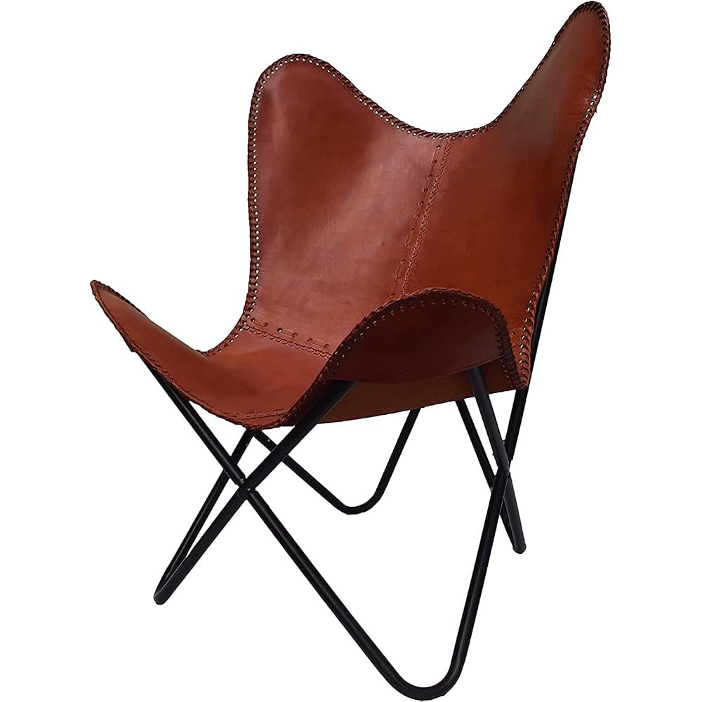 Shy Shy Handmade Leather Arm Chair Home Decor Vintage Chair | Genuine Leather Butterfly Chair Home Decor | Handmade with Powder Coated Iron Frame