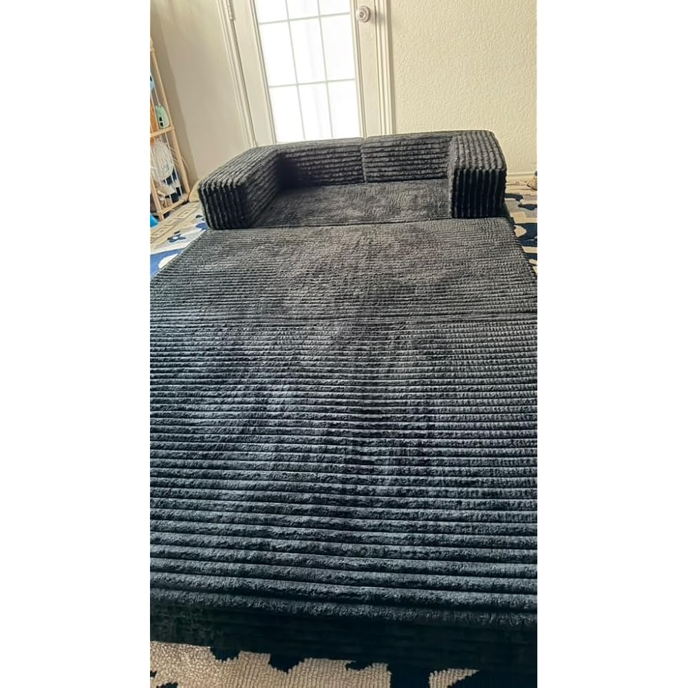 Boneless Loveseat Sofa Bed,Small Couch Bed Futon Sleeper Sofa,Convertible Pull Out Couch with Removable Armrests Backrest,Corduroy Folding Floor Boneless Couch for Living Room,Small Space,Black