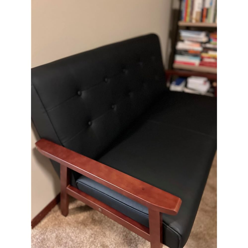 STHOUYN Black Small Leather Couch, 2 Seater Loveseat with Wooden Armrest
