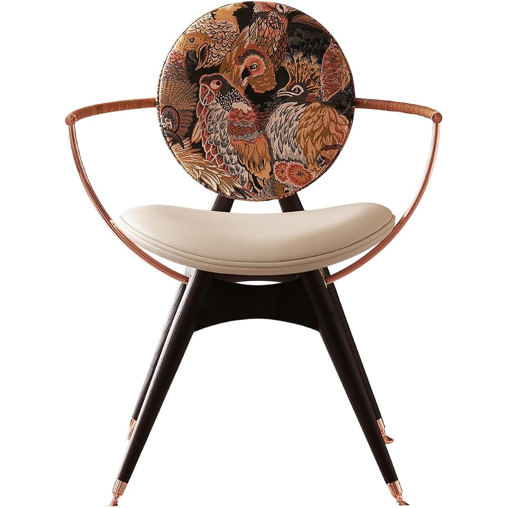 Mid Century Modern Accent Dining Chair with Upholstered Embroidered Backrest, Solid Wood Armchair with Leather Seat Cushion for Living Room, Bedroom & Vanity