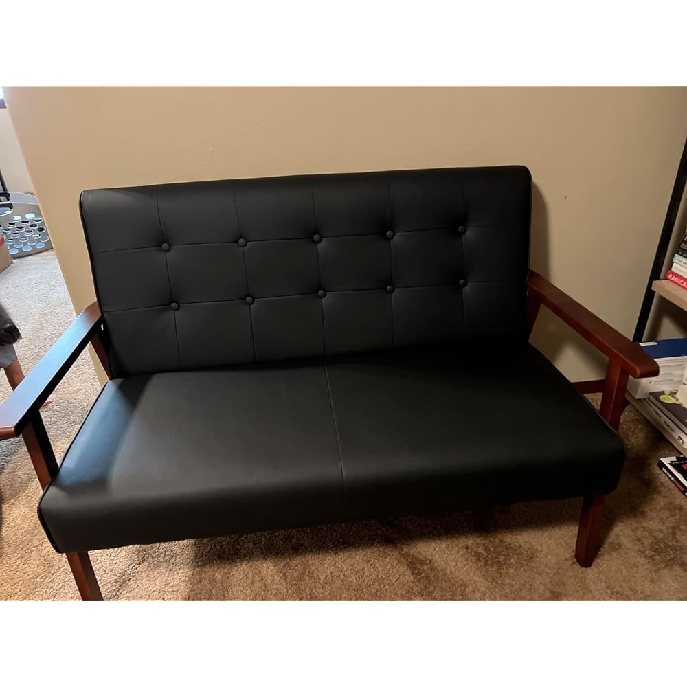 STHOUYN Black Small Leather Couch, 2 Seater Loveseat with Wooden Armrest